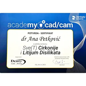 Sertifikat dr Ane Petković o kursu „Sve(T) cirkonije i litijum disilikata“