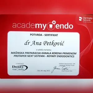 Sertifikat dr Ane Petković o kursu mašinske preparacije kanala sistemom Protaper Next